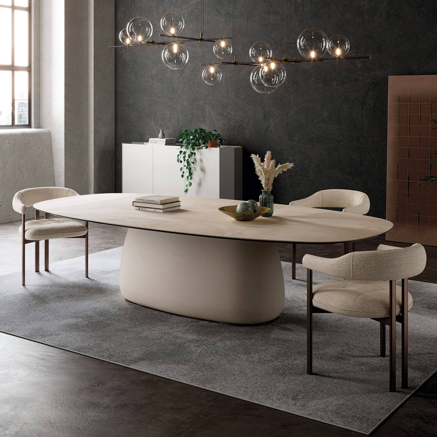 Luxury Cattelan Italia Botero Keramik table with elongated ceramic top and statuesque cream matte textured bulbous base