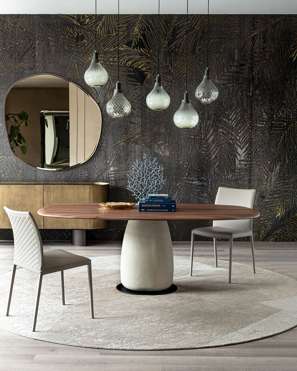 Elegant Cattelan Italia Botero Wood round table with Canaletto walnut circular top and textured off-white clay pedestal