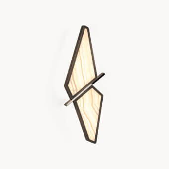 Distinguished Visionnaire Astralis wall lamp with a diamond shape, warm beige tone and striated satin metal finish, backlit by onyx or quartz
