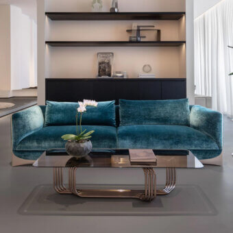 Distinctive Visionnaire Ca’ Foscari sofa with plush deep teal velvet upholstery and polished steel accents