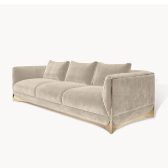 Exclusive Visionnaire Ca’ Foscari sofa with light taupe textile upholstery and polished golden tone steel frame