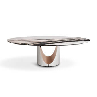 Distinguished Visionnaire Cameron table with boldly striped marble top and sculptural hand-polished marble base with gloss finish
