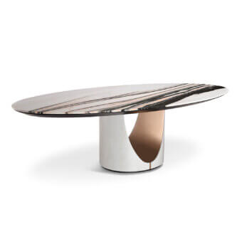 Superior Visionnaire Cameron table crafted from marble with polished stainless steel and dark grey veined glossy finish