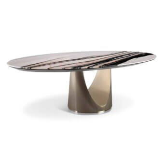 Distinguished Visionnaire Cameron table built in steel with a captivating marble top and polished golden metal base