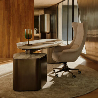 Superior Visionnaire Ephir desk with double-level marble top and premium leather surface in satin-finished steel