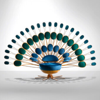 Exceptional Visionnaire Pavone Throne lounge chair with sculpted brass backrest finished in polished steel and teal fabric upholstery