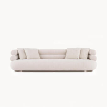 Exceptional Visionnaire Voluptas sofa with sculpted backrest, neutral beige stretch fabric upholstery, and satin-finish steel plinth base