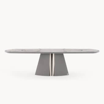 Exceptional Visionnaire Vortex table with grey marble inserts and premium leather detailing in satin-finished steel