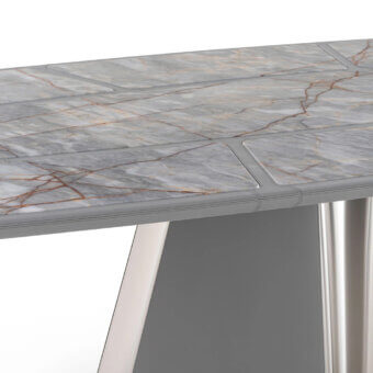 Captivating Visionnaire Vortex table with reddish-brown veined grey marble and satin-finished steel base