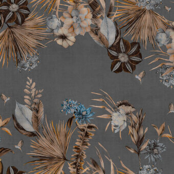 Distinguished LondonArt Country Home wallpaper with a dense botanical pattern in muted gray, beige and pale blue tones with watercolor finish