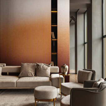 Exceptional LondonArt Striated Metal Wallpaper crafted with mirrored composite aluminum exhibiting tonal variations and glossy sheen