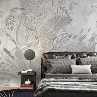 Distinguished LondonArt Lost Paradise wallpaper with oversized botanical elements in sophisticated gray shades and subtle matte finish