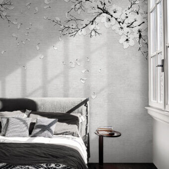 Sophisticated LondonArt Marilyn Wallpaper captures a modern garden aesthetic with stylized cherry blossom branches in a muted gray monochromatic palette and subtly textured matte finish