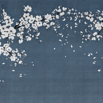 Exclusive LondonArt Marilyn Wallpaper showcases blossoming branches against a blue-grey backdrop with a subtly textured matte finish