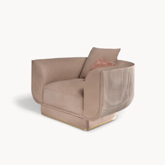 Lavish Visionnaire Foster lounge chair with dusty rose textile upholstery, canneté stitching and polished gold accents