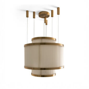 Distinguished Visionnaire Giano suspension lamp with a satin steel frame and central Pyrex glass rods built with warm brass tones