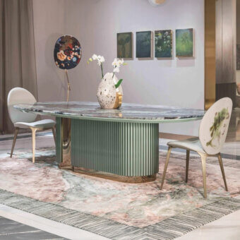 Architectural Visionnaire Leonardo table with cool grey marble and light green-grey sculpted panels in glossy painted finish