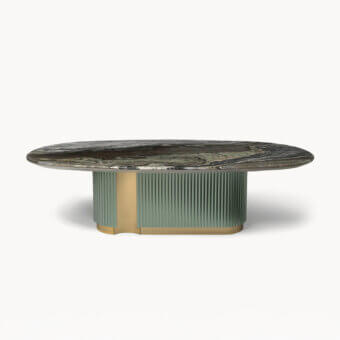 Lavish Visionnaire Leonardo table with a dark green and black marble top, sculpted sage green base and gold-toned metal accents