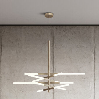 Elegant Contardi Bianca suspension lamp with snowflake-inspired design in metal and brushed brass finish emitting balanced light