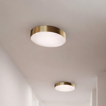 Superior Contardi Discus ceiling lamp crafted in sculpted metal with satin brass-toned finish and white opaline diffuser