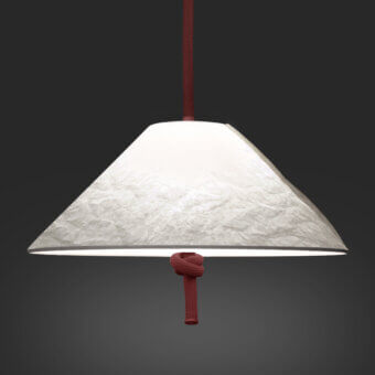 Elegant Contardi Hat suspension lamp crafted in translucent material with a red textile cord and off-white shade