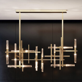 Distinguished Contardi Mikado Double Suspension Lamp with rectangular brass tubes and slanted engraved crystal cubes in warm gold finish