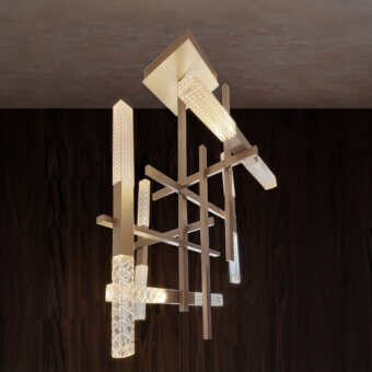 Distinguished Contardi Mikado suspension lamp crafted in brass with exquisitely engraved crystal cubes and satin finish