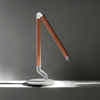 Superior Contardi Picchio lamp crafted in polished metal with a textured brown textile stem and refined finish