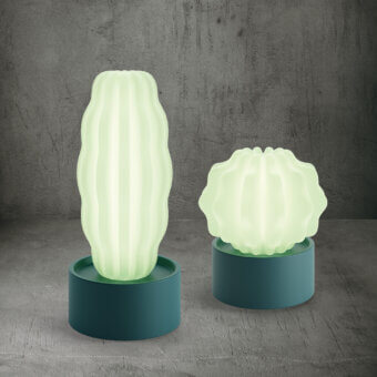 Captivating Serralunga Cactus sculpture with translucent pale green body built in durable LLDPE and satin teal base
