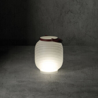 Innovative Serralunga Honey Lantern, portable lighting crafted in neutral translucent LLDPE plastic with reddish-brown leather handle