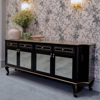Prestige Bellotti Ezio sideboard ebony walnut veneers aquamarine birch pearl leaf inlays black lacquer gold accents