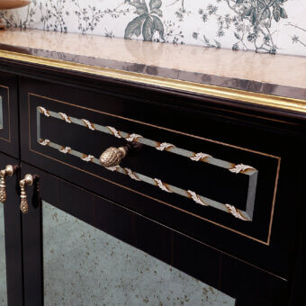 Luxury sideboard with ebony and canaletto walnut, lacquered tempera finish, aquamarine birch stringing, mother‑of‑pearl inlays
