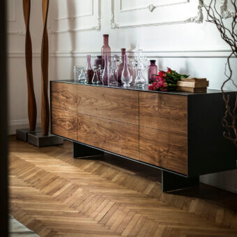 Elegant Riva 1920 Rialto Fly sideboard crafted with blockboard and solid wood in a satin finish with a dark metal base