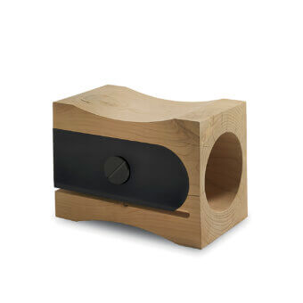 Luxury Riva 1920 Temperino stool in Cedar of Lebanon, wood tone, matte black band, knob, cone opening, lacquered metal