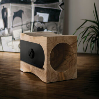 Exclusive Riva 1920 Temperino stool with cedar of Lebanon body, matte finish, matte-black metal insert, curved top dip