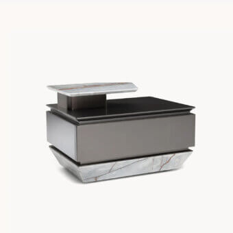 Refined Visionnaire Prelude nightstand with marble base and top, marble surface, gray wood core, bronze stainless steel tier