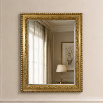 Luxury Bellotti Ezio mirror with ornate wooden frame covered in OR5 brushed gold leaf over white meringue base