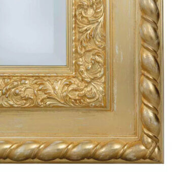 Luxury Bellotti Ezio mirror with carved wooden frame finished OR5 brushed gold leaf and white meringue base featuring acanthus scrollwork and rope border