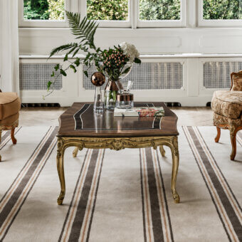 Luxury Bellotti Ezio’s 4998 Coffee Table with canaletto walnut inlay, bronzed varnished edges, Gold leaf base, metallic cabriole legs