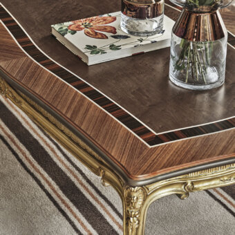 Sophisticated Bellotti Ezio’s 4998 coffee table with walnut‑edged top in erable ebony maple inlay, bronzed varnish, and silver gold leaf base