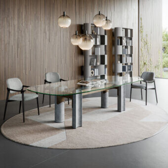 Luxury Cattelan Italia Bilbao Glass Table with clear glass top green edge and matte concrete base with asymmetrical columns