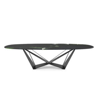 Luxury Cattelan Italia Skorpio table with polished black glossy marble top and matte dark-gray geometric steel base
