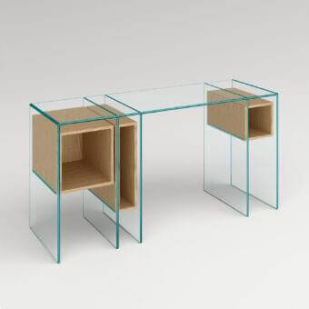 Exceptional Tonelli Design Marcell desk with extra clear welded glass and Eucalipto wooden storage units