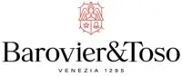 Barovier & Toso logo with crest, dark serif text, “Venezia 1295” below, red outline, white background, floral shield design.