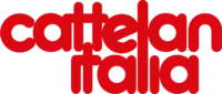 Cattelan Italia logo, red and dark gray, stylized sans-serif typeface with textured imperfections on a solid background.
