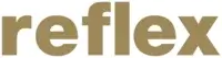 Reflex logo in gold metallic sans-serif typeface, vertically stacked with blurred texture, offset layers, and white background.