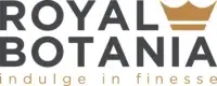 Royal Botania logo with stacked dark gray lettering, a small gold crown, and tagline “indulge in finesse” on off-white background.