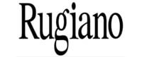 Rugiano logo, black serif text on white background, classic typeface with ornate details, “italy” text below brand name.