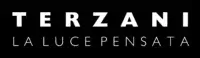 Terzani logo, black and white, stacked typography featuring bold uppercase “TERZANI” above smaller “LA LUCE PENSA TA” text with textured letters.
