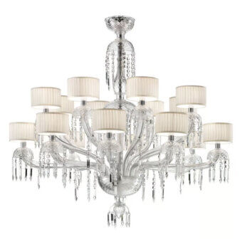 Crystal chandelier with polished chrome framework, sixteen ribbed off-white lampshades, and cascading clear crystal pendants, studio shot.